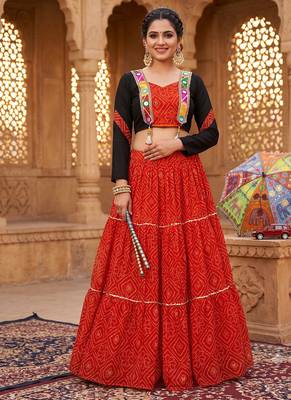 Red Bandhani Print Cotton Lehenga Choli with Mirror Work Jacket Blouse 1