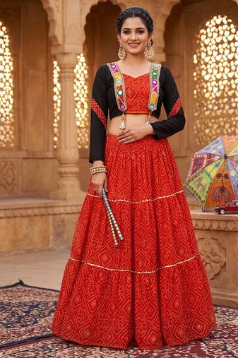 Red Bandhani Print Cotton Lehenga Choli with Mirror Work Jacket Blouse