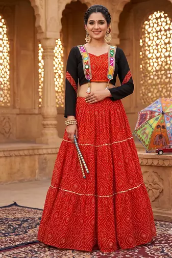 Red Bandhani Print Cotton Lehenga Choli with Mirror Work Jacket Blouse