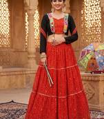 Red Bandhani Print Cotton Lehenga Choli with Mirror Work Jacket Blouse