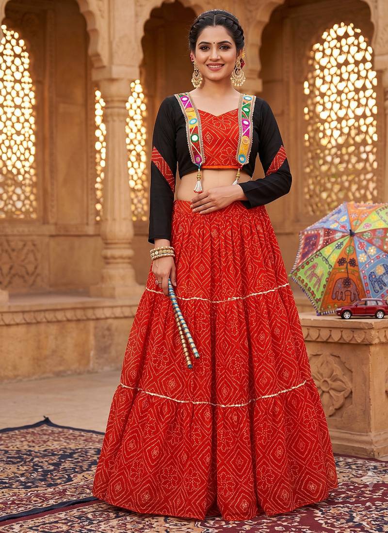 Red Bandhani Print Cotton Lehenga Choli with Mirror Work Jacket Blouse