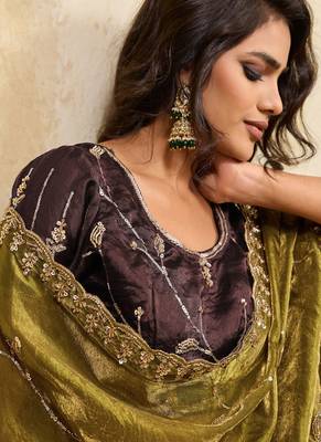 Olive metallic velvet satin cutdana-beads, sequins, zari work saree with blouse 4