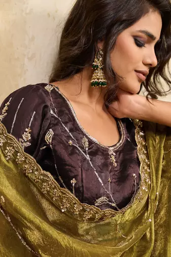 Olive metallic velvet satin cutdana-beads, sequins, zari work saree with blouse