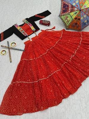 Red Bandhani Print Cotton Lehenga Choli with Mirror Work Jacket Blouse 2