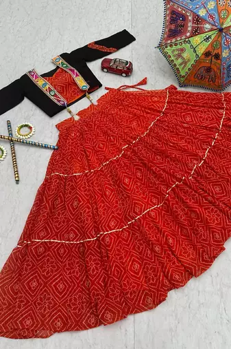 Red Bandhani Print Cotton Lehenga Choli with Mirror Work Jacket Blouse