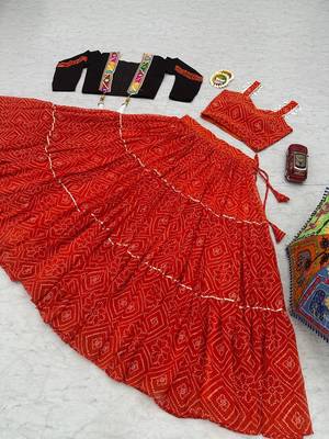 Red Bandhani Print Cotton Lehenga Choli with Mirror Work Jacket Blouse 3