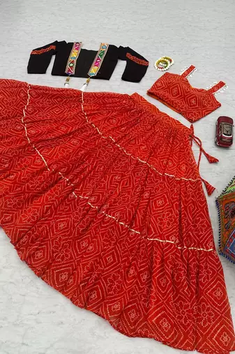 Red Bandhani Print Cotton Lehenga Choli with Mirror Work Jacket Blouse