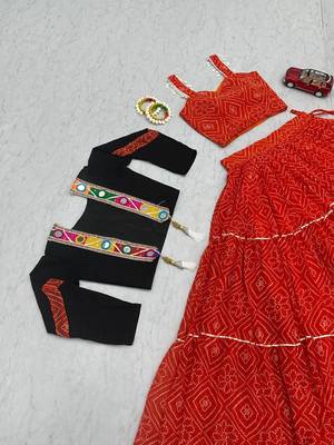 Red Bandhani Print Cotton Lehenga Choli with Mirror Work Jacket Blouse 4
