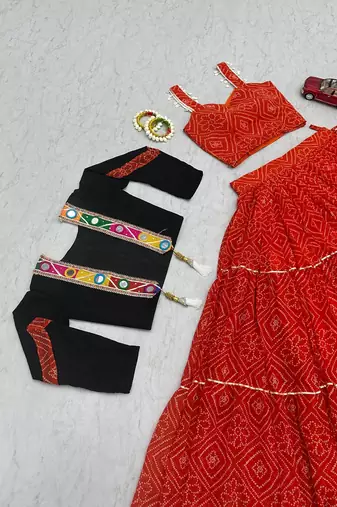 Red Bandhani Print Cotton Lehenga Choli with Mirror Work Jacket Blouse