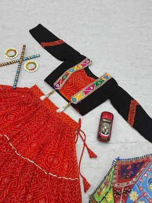 Red Bandhani Print Cotton Lehenga Choli with Mirror Work Jacket Blouse 5