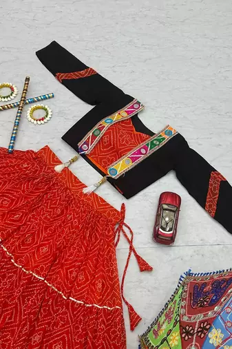 Red Bandhani Print Cotton Lehenga Choli with Mirror Work Jacket Blouse