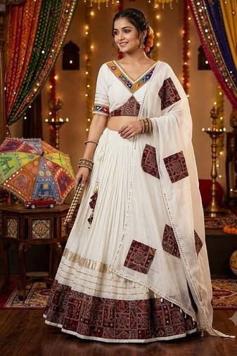 White Cotton Gamthi Work Chaniya Choli with Dupatta For Garba
