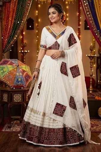White Cotton Gamthi Work Chaniya Choli with Dupatta For Garba