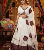White Cotton Gamthi Work Chaniya Choli with Dupatta For Garba