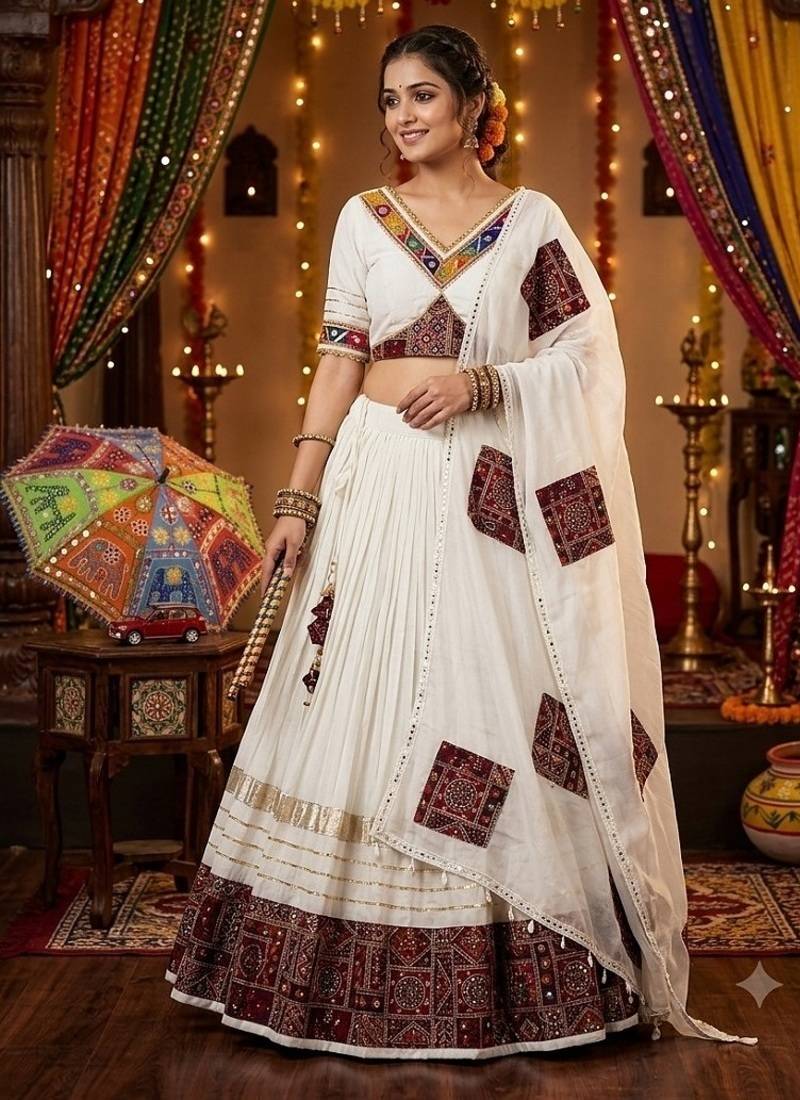 White Cotton Gamthi Work Chaniya Choli with Dupatta For Garba