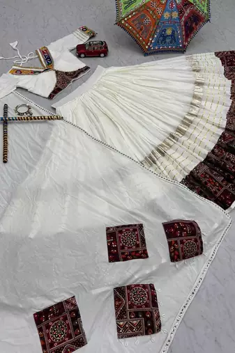 White Cotton Gamthi Work Chaniya Choli with Dupatta For Garba
