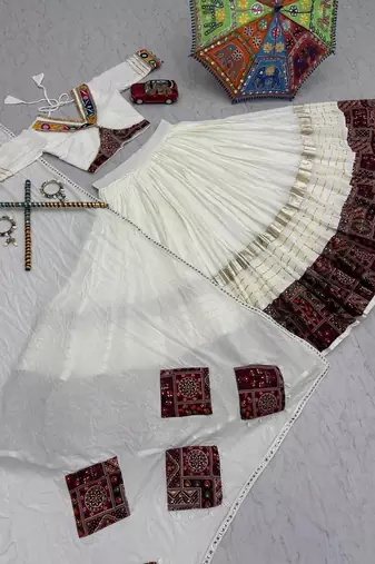 White Cotton Gamthi Work Chaniya Choli with Dupatta For Garba