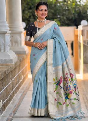 Skyblue cotton silk saree with traditional bird motifs pallu with blouse 1