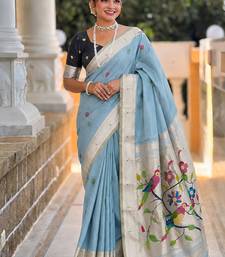 Skyblue cotton silk saree with traditional bird motifs pallu with blouse