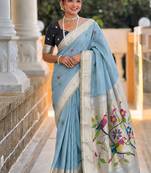 Skyblue cotton silk saree with traditional bird motifs pallu with blouse