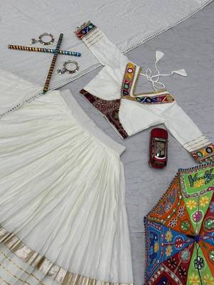 White Cotton Gamthi Work Chaniya Choli with Dupatta For Garba 4