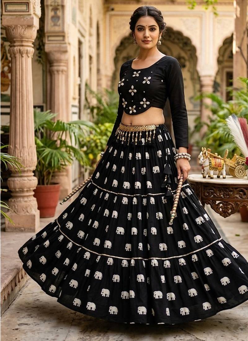 Black Pure Cotton Hand Work With Real Kodi Work Lehenga Choli for Navratri