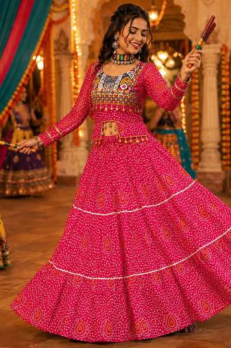 Ranipink Georgette Bandhani Print Navratri Chaniya Choli with Kutch Embroidery Blouse