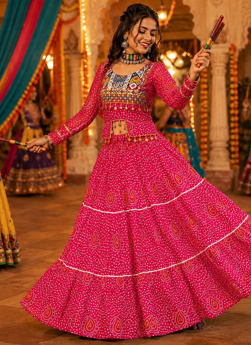 Ranipink Georgette Bandhani Print Navratri Chaniya Choli with Kutch Embroidery Blouse