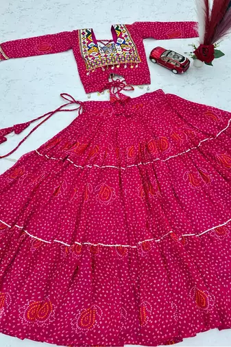 Ranipink Georgette Bandhani Print Navratri Chaniya Choli with Kutch Embroidery Blouse