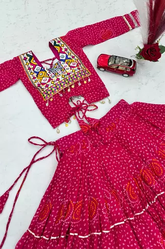 Ranipink Georgette Bandhani Print Navratri Chaniya Choli with Kutch Embroidery Blouse