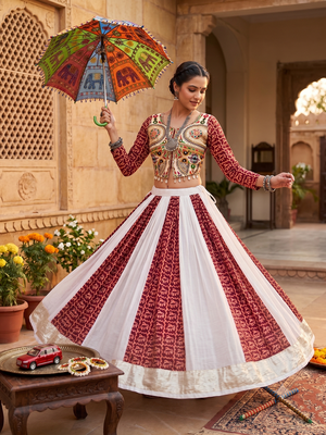 Traditional Gujrati Maroon Koti Lehenga Choli Set with Heavy Embroidery Work Blouse 1
