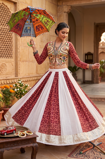 Traditional Gujrati Maroon Koti Lehenga Choli Set with Heavy Embroidery Work Blouse