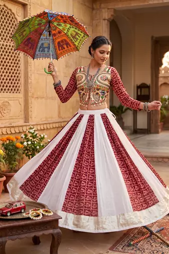 Traditional Gujrati Maroon Koti Lehenga Choli Set with Heavy Embroidery Work Blouse