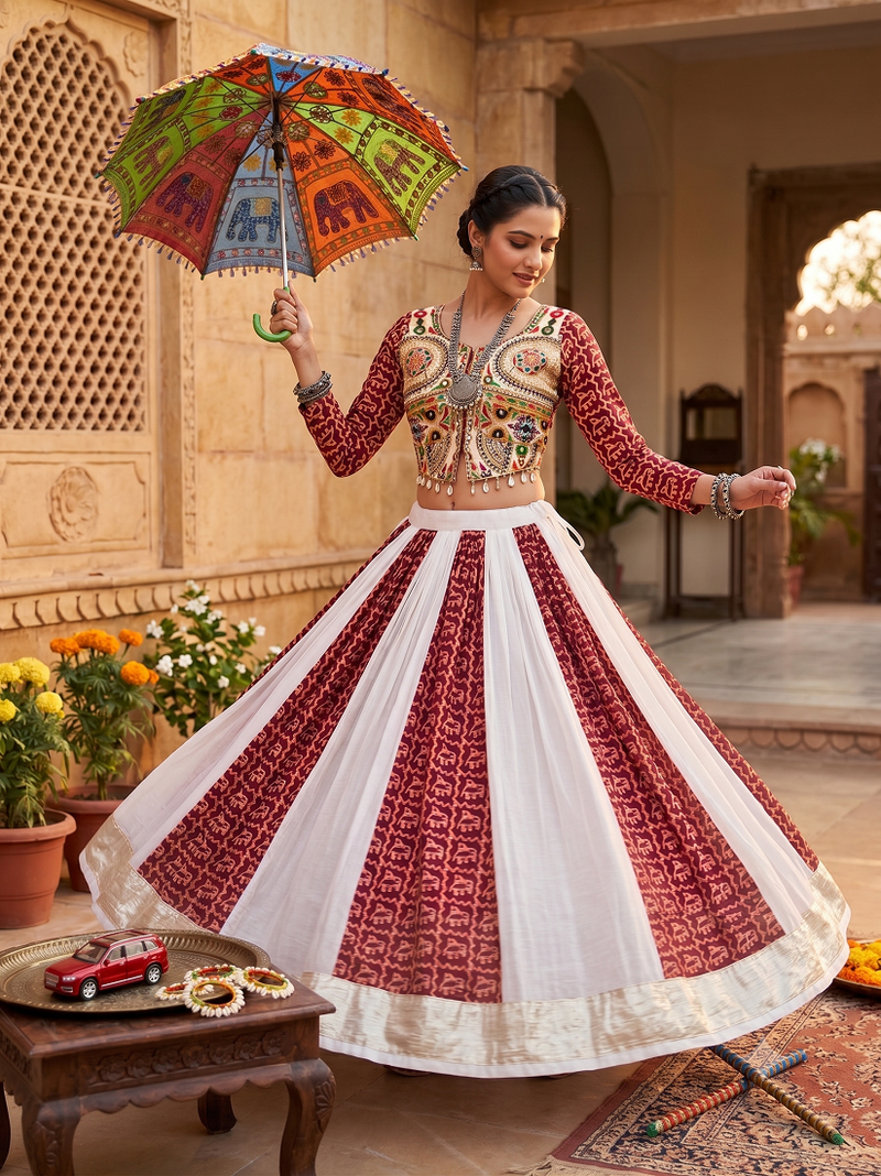 Traditional Gujrati Maroon Koti Lehenga Choli Set with Heavy Embroidery Work Blouse