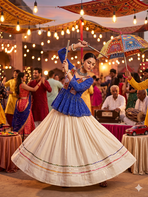 Navratri Special Blue Bandhani Printed Koti Style Lehenga Choli with Off-White Gota Patti Skirt 1