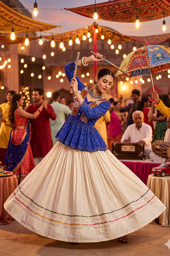Navratri Special Blue Bandhani Printed Koti Style Lehenga Choli with Off-White Gota Patti Skirt