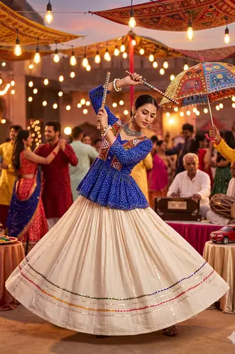 Navratri Special Blue Bandhani Printed Koti Style Lehenga Choli with Off-White Gota Patti Skirt