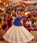 Navratri Special Blue Bandhani Printed Koti Style Lehenga Choli with Off-White Gota Patti Skirt