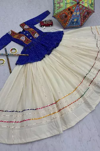 Navratri Special Blue Bandhani Printed Koti Style Lehenga Choli with Off-White Gota Patti Skirt