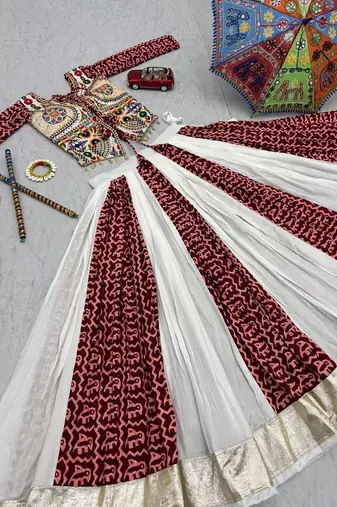 Traditional Gujrati Maroon Koti Lehenga Choli Set with Heavy Embroidery Work Blouse