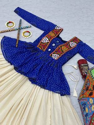 Navratri Special Blue Bandhani Printed Koti Style Lehenga Choli with Off-White Gota Patti Skirt 3