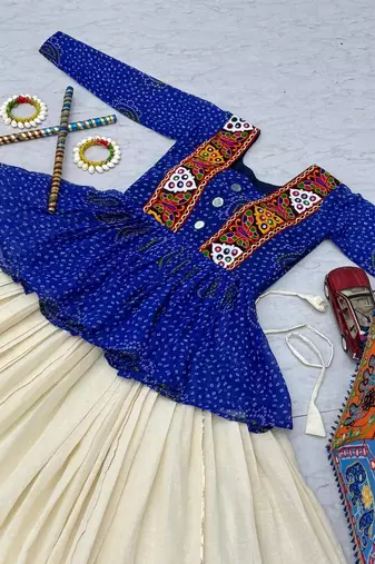 Navratri Special Blue Bandhani Printed Koti Style Lehenga Choli with Off-White Gota Patti Skirt