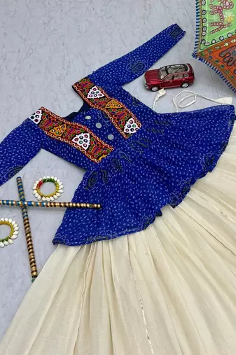 Navratri Special Blue Bandhani Printed Koti Style Lehenga Choli with Off-White Gota Patti Skirt