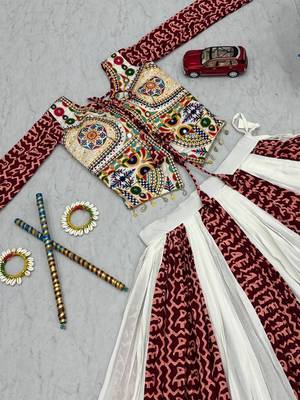 Traditional Gujrati Maroon Koti Lehenga Choli Set with Heavy Embroidery Work Blouse 3