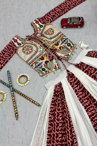 Traditional Gujrati Maroon Koti Lehenga Choli Set with Heavy Embroidery Work Blouse