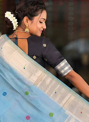 Skyblue cotton silk saree with traditional bird motifs pallu with blouse 2