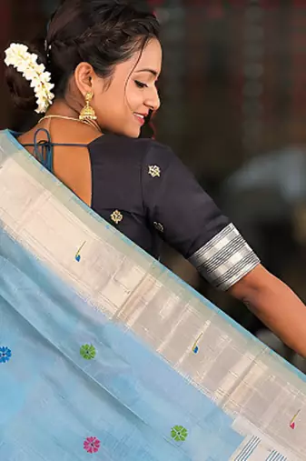 Skyblue cotton silk saree with traditional bird motifs pallu with blouse