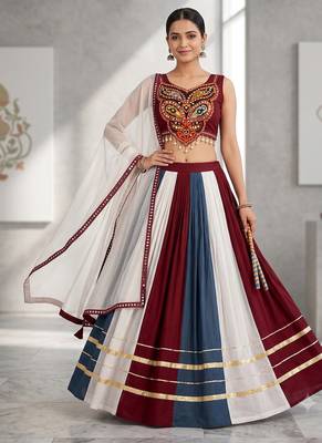Maroon and White Cotton Gamthi Work Navratri Chaniya Choli 1