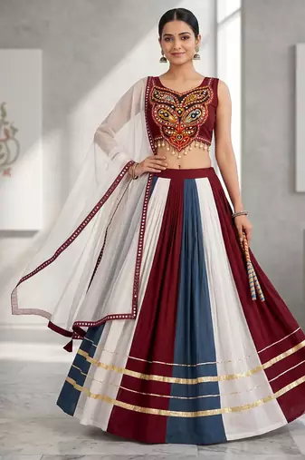 Maroon and White Cotton Gamthi Work Navratri Chaniya Choli