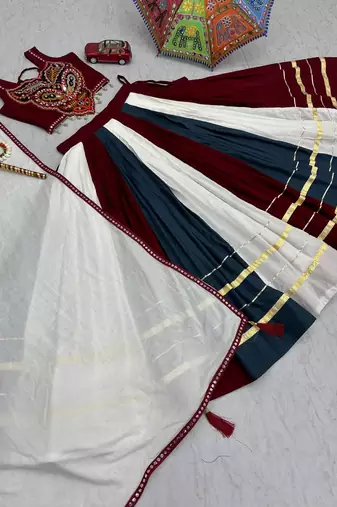 Maroon and White Cotton Gamthi Work Navratri Chaniya Choli